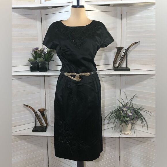 Vintage 80s 90s Black Beaded Embroidered Cocktail Dress Medium - Picture 1 of 7